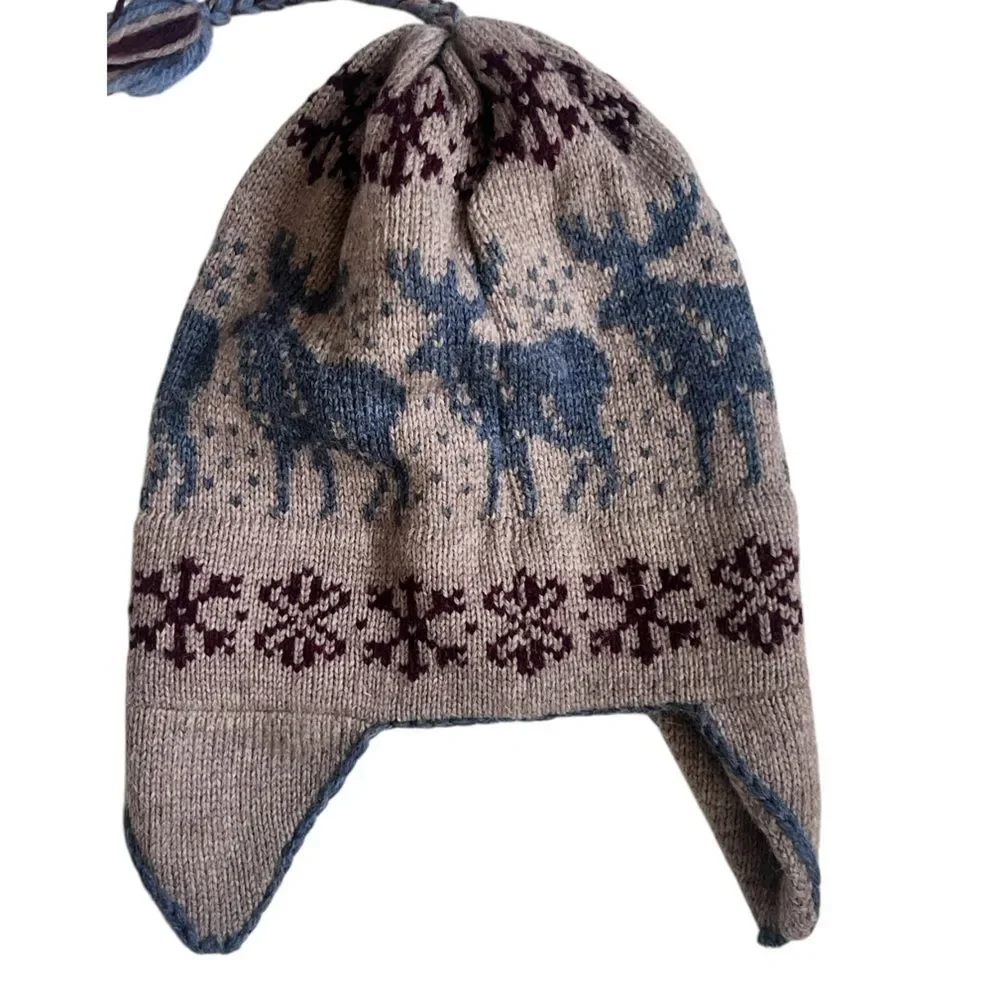 Caribou Wool Women Men Reindeer Cozy Knit Tan Red Beanie Hat with Earflaps OS